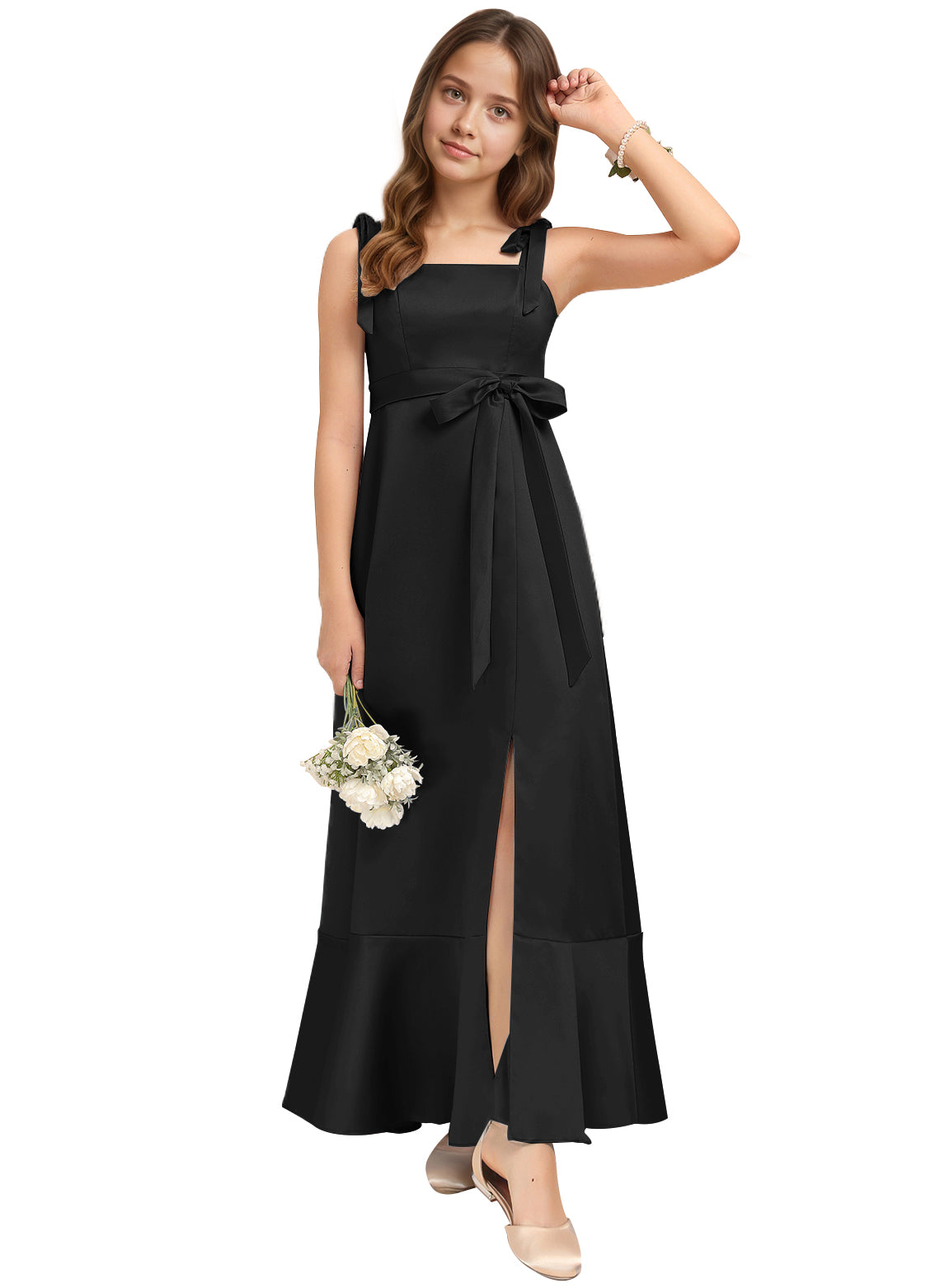 dideyttawl Junior Bridesmaid Dresses for Teens Silk Satin Adjustable Straps Flower Girl Dress with Slit 2529