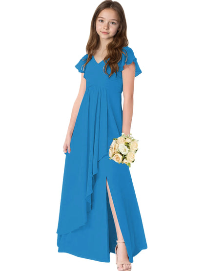 Dideyttawl Chiffon Junior Bridesmaid Dresses Ruffle Sleeves Party Gown 2506