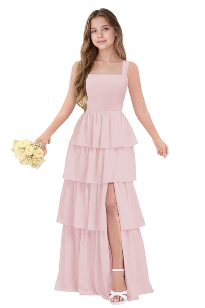 dideyttawl Junior Bridesmaid Dress Spaghetti Strap Square Neck Layered Chiffon A-Line Flower Girl Dress with Slit 2509