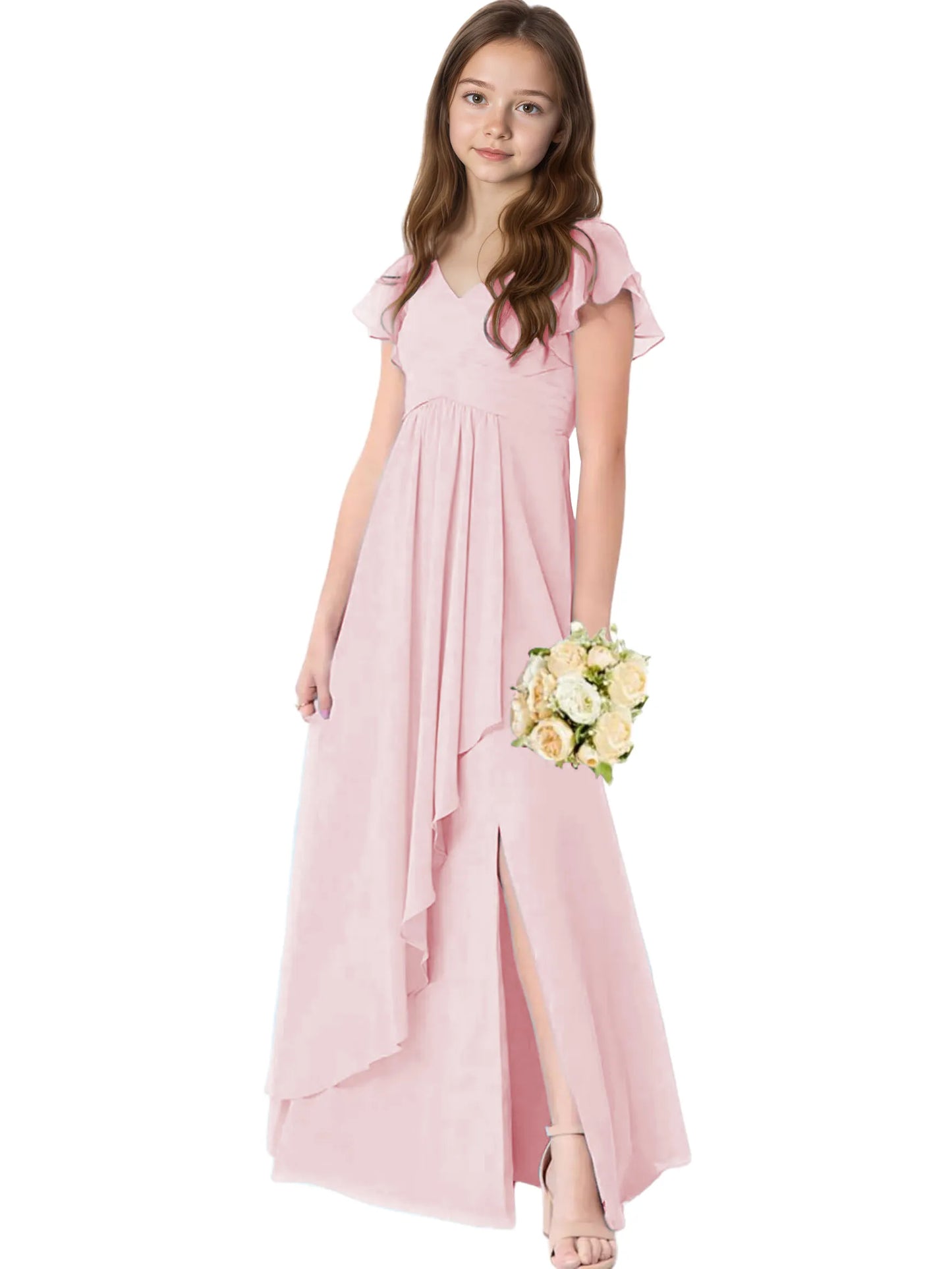 Dideyttawl Chiffon Junior Bridesmaid Dresses Ruffle Sleeves Party Gown 2506