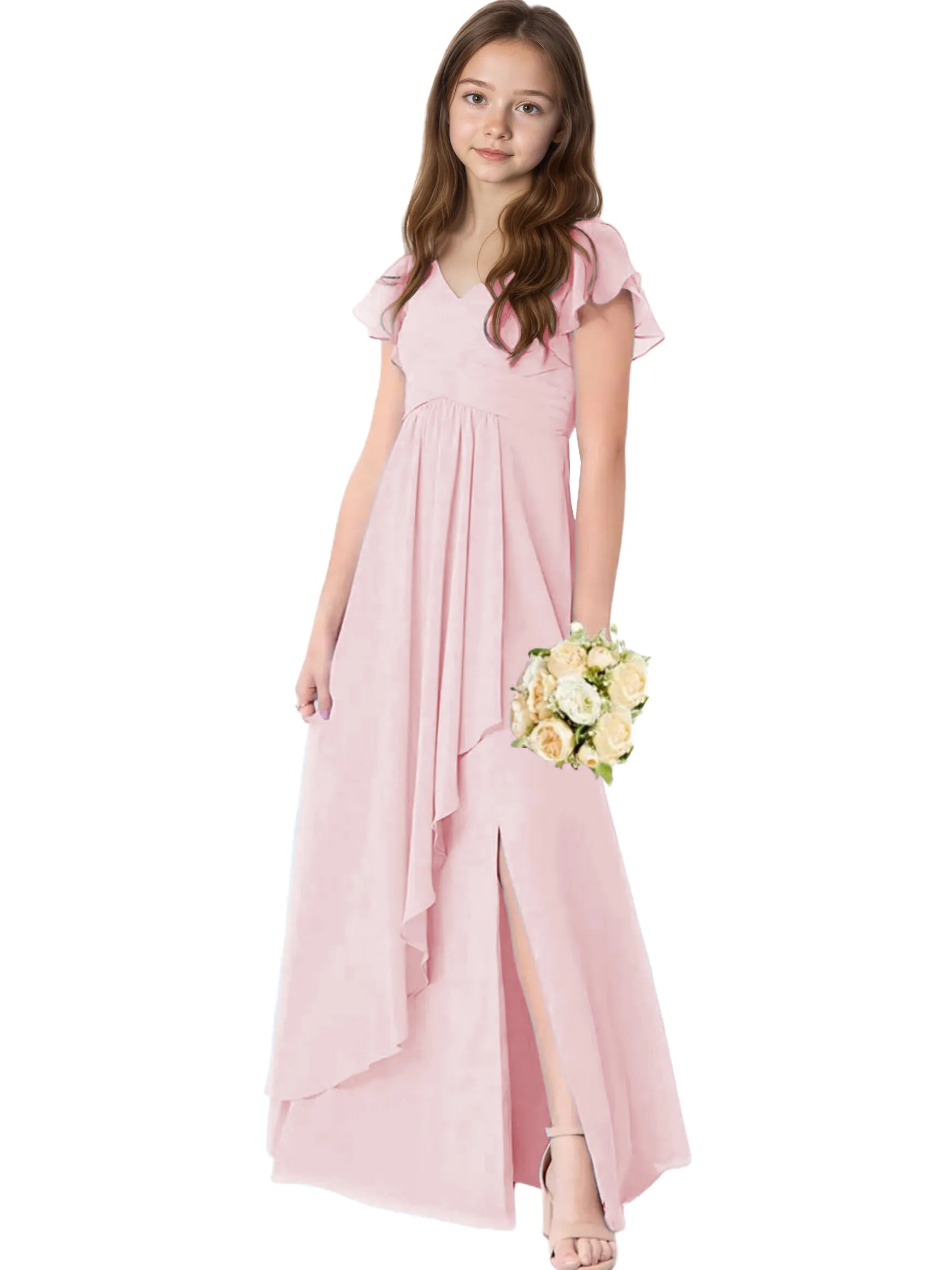 Dideyttawl Chiffon Junior Bridesmaid Dresses Ruffle Sleeves Party Gown 2506