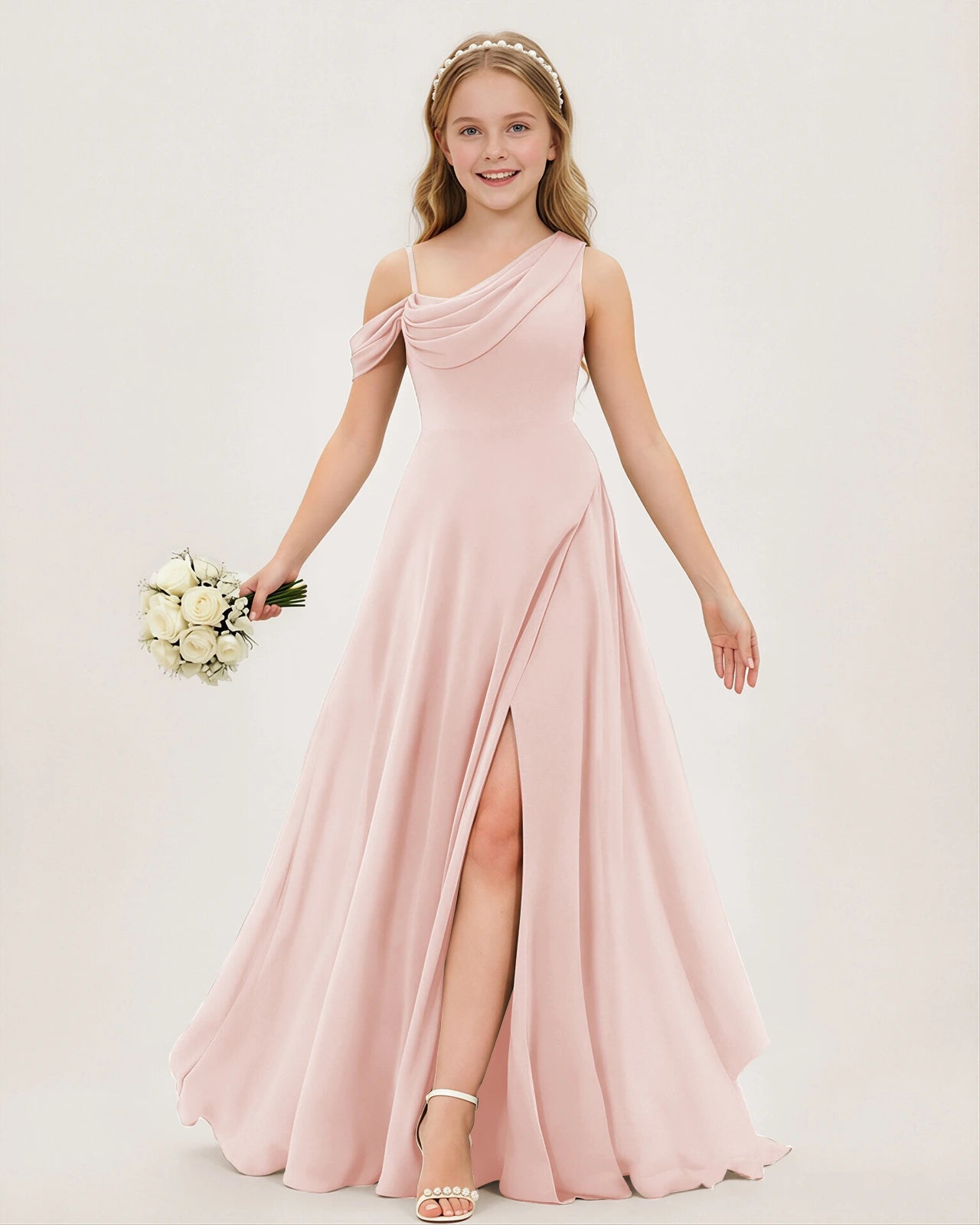Blush Pink Chiffon A-line Junior Bridesmaid Dress Front View