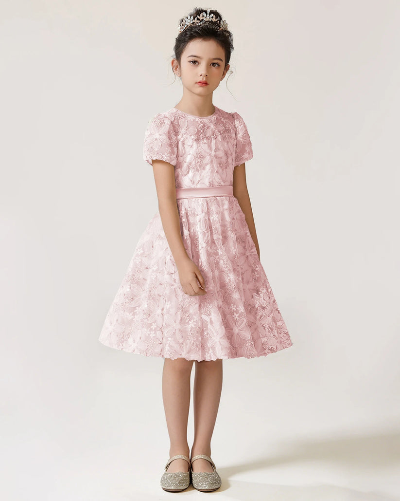 Blush Pink Lace A-line Girls Formal Dress Front View