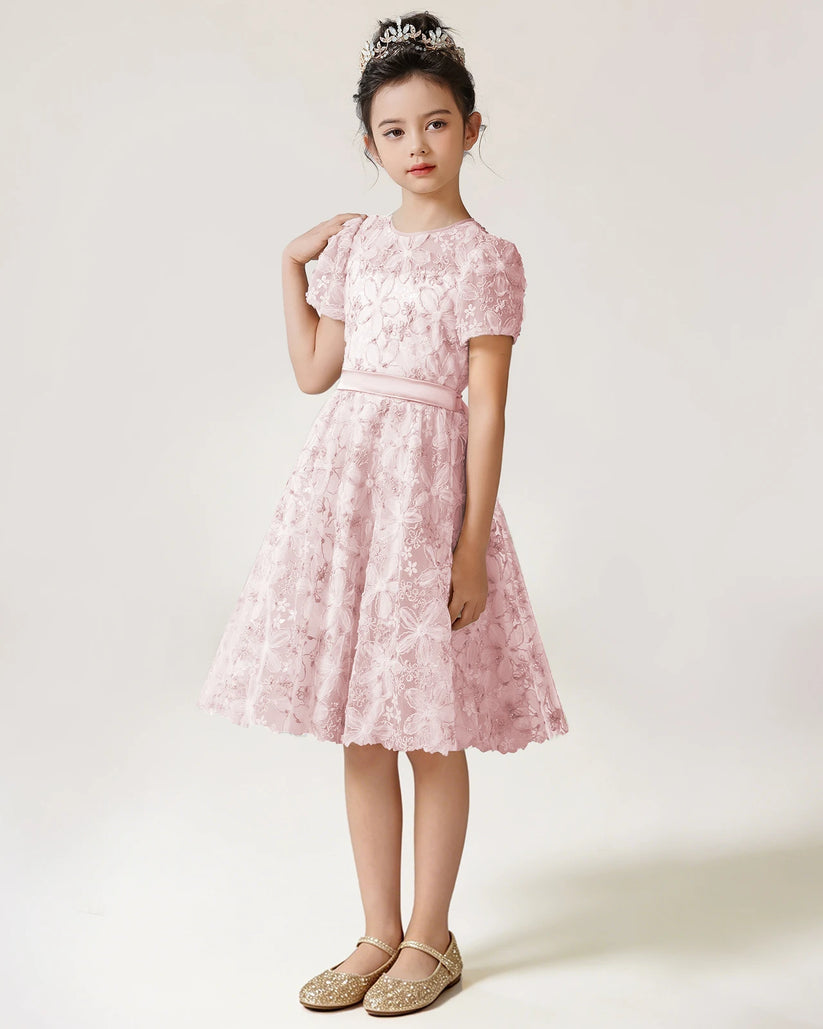 Blush Pink Lace A-line Girls Formal Dress Front View
