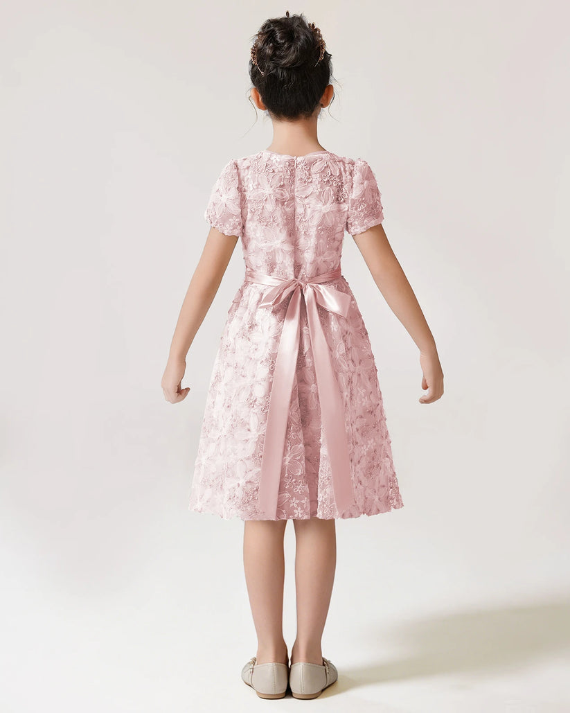 Blush Pink Lace A-line Girls Formal Dress Back View