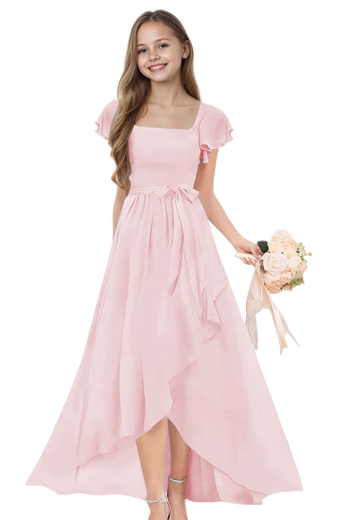 dideyttawl Long Junior Bridesmaid Dresses Ruffle Sleeve Square Neck Chiffon Flower Girl Dress for Wedding 2507