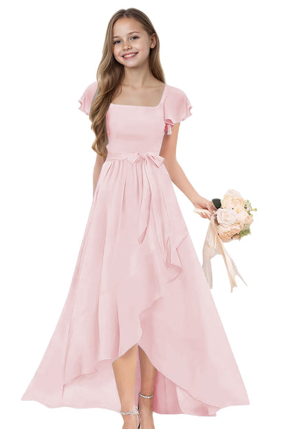 dideyttawl Long Junior Bridesmaid Dresses Ruffle Sleeve Square Neck Chiffon Flower Girl Dress for Wedding 2507