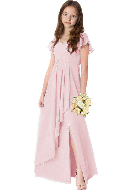 dideyttawl Chiffon Junior Bridesmaid Dresses V Neck Ruffle Sleeves Chiffon Pleated Flowy Flower Girls Dress or 4-16 2506