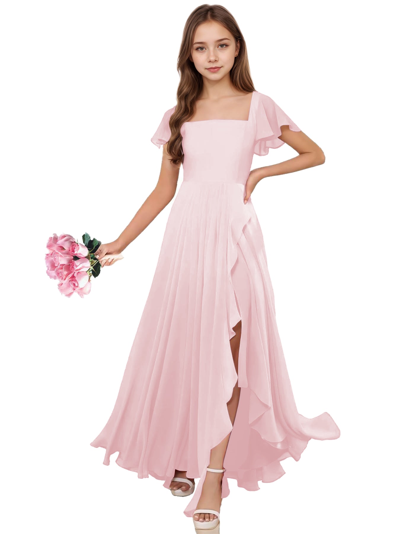 junior bridesmaid dresses BABARONI Tulle Dusty Sage A-line V-neck Sleeveless Bow Sash Floor-length, Dusty Sage / J4 Discover our grecian chiffon gown Elsa - Junior Bridesmaid Dress
