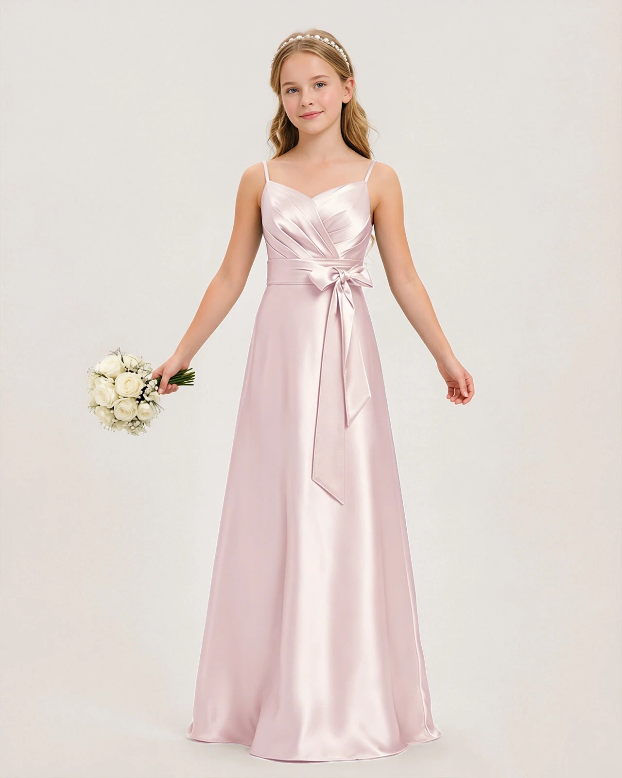 Dideyttawl Junior Bridesmaid Dress with Spaghetti Straps and Ruched Satin Side Bow, Blush Pink / 6