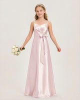 Blush Pink Satin A-line Junior Bridesmaid Dress Front View