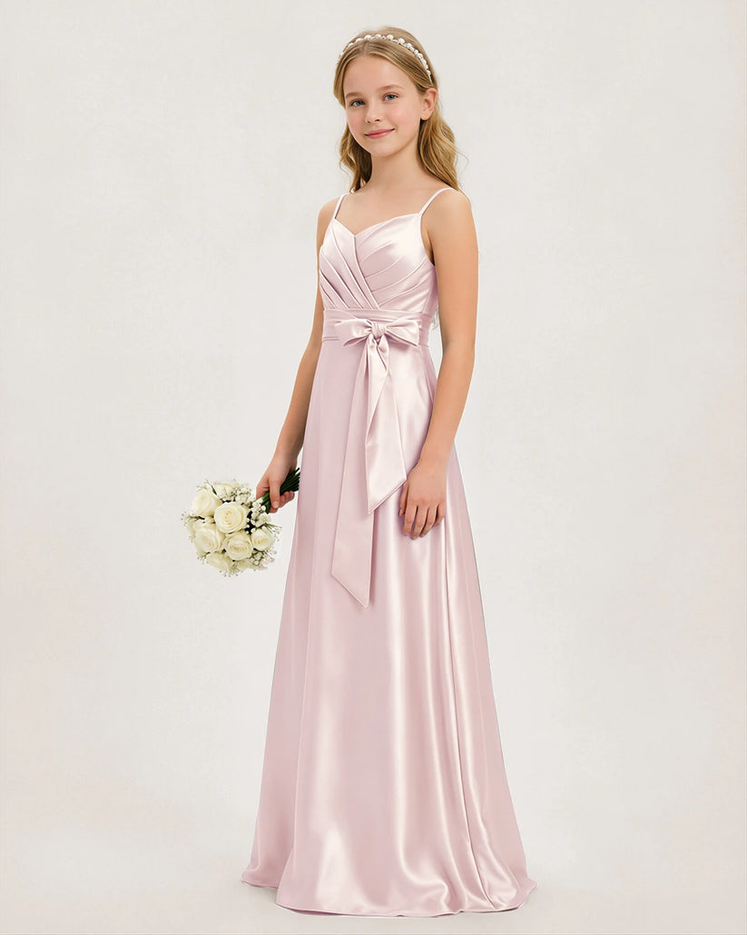 Blush Pink Satin A-line Junior Bridesmaid Dress Front View