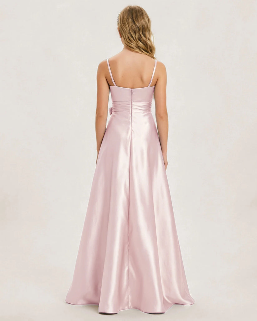 Blush Pink Satin A-line Junior Bridesmaid Dress Back View