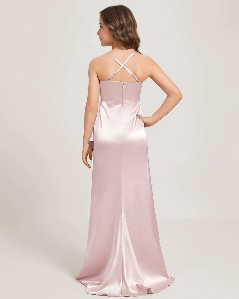 Blush Pink Satin Sheath Girls Formal Dress Back View