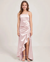 Blush Pink Satin Sheath Girls Formal Dress Front View
