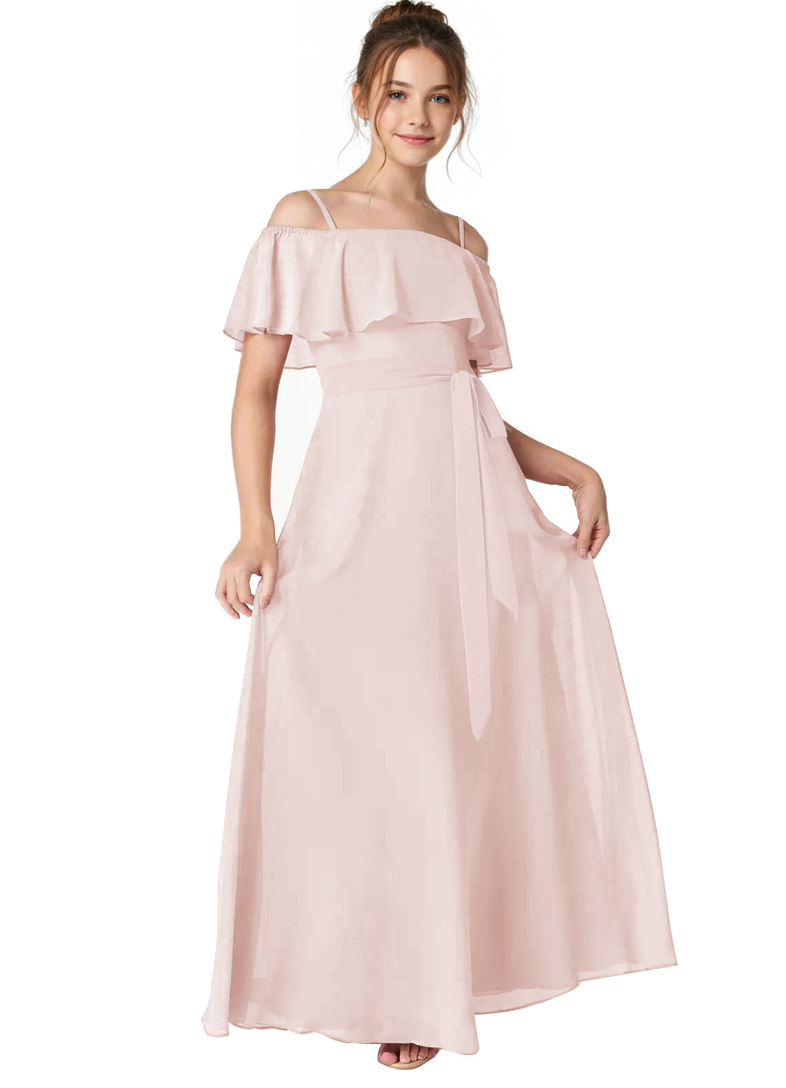 Dideyttawl Junior Bridesmaid Dress with Ruffle Off-the-Shoulder, Blush Pink / 10