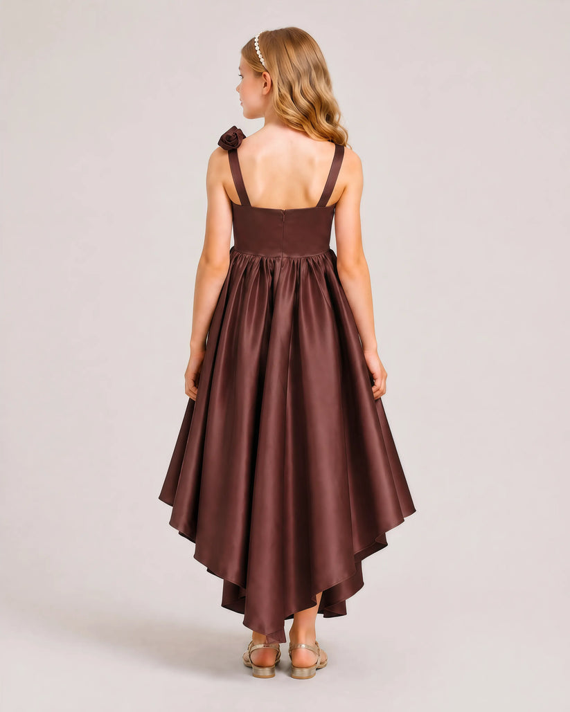 Brown Satin A-line Girls Formal Dress Back View