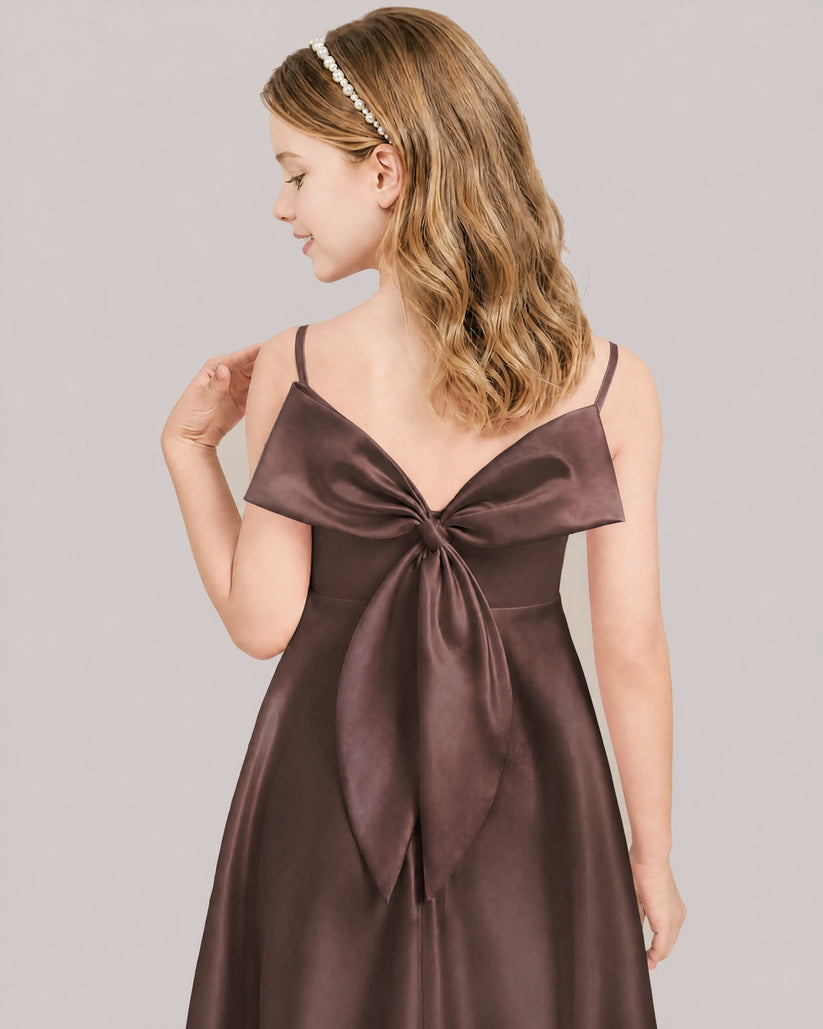 Brown Satin A-line Junior Bridesmaid Dress Back View