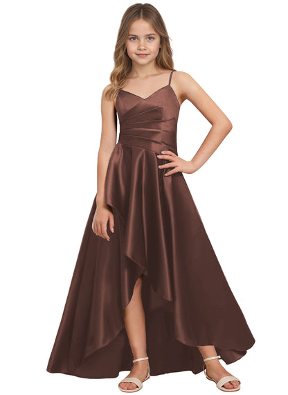 dideyttawl High Low Junior Bridesmaid Dress V-Neck Silk Satin Flower Girl Dress Sleeveless Formal Special Occasion Dress for Wedding 2523