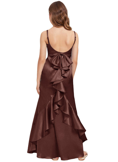 dideyttawl Mermaid Junior Bridesmaid Dress with Slit V-Neck Ruffles Bow Stretch Satin Flower Girl Dress Sleeveless Formal Special Occasion Dress for Wedding 2522