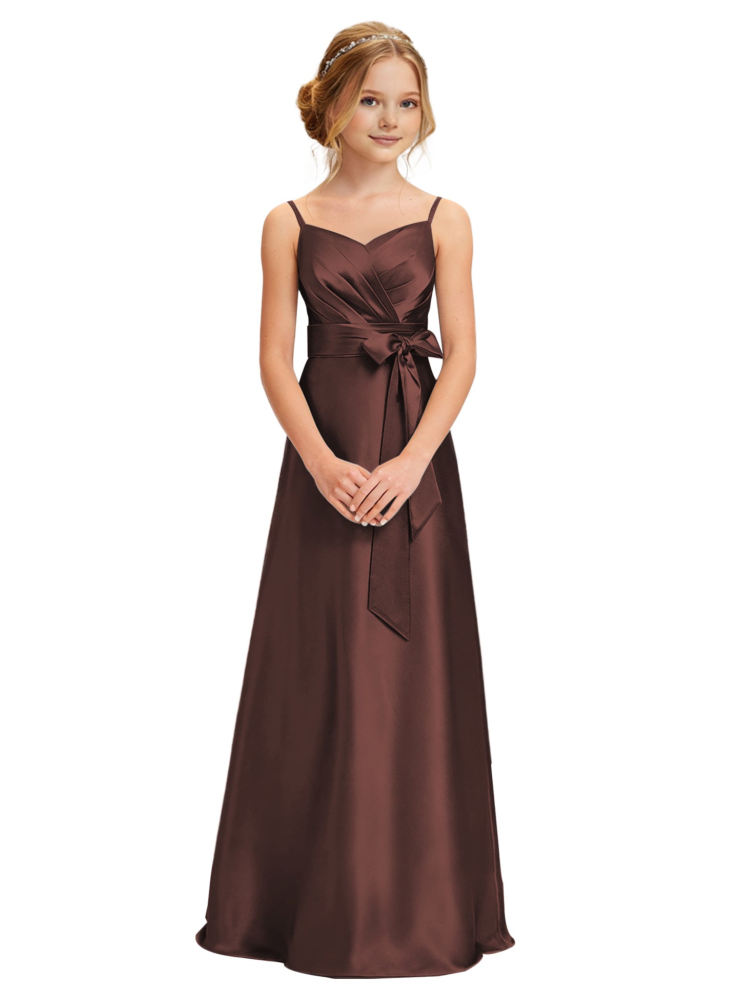 dideyttawl 2026 Girls Pleated Satin Prom Dress Bow Belt Ball Gown Maxi Spaghetti Straps Junior Bridesmaid Dress 2547