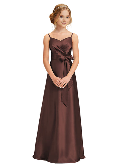 dideyttawl 2026 Girls Pleated Satin Prom Dress Bow Belt Ball Gown Maxi Spaghetti Straps Junior Bridesmaid Dress 2547