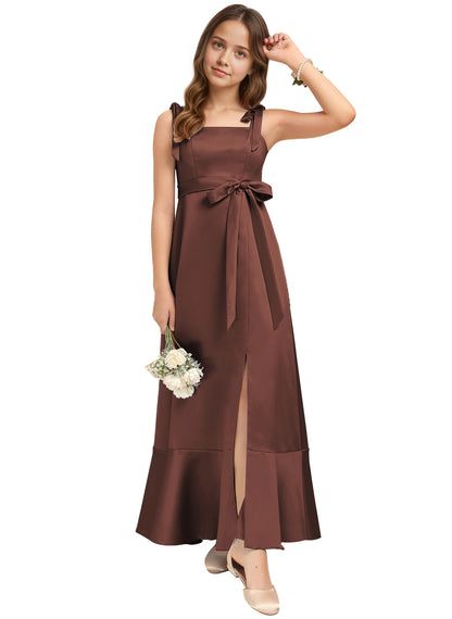 dideyttawl Junior Bridesmaid Dresses for Teens Silk Satin Adjustable Straps Flower Girl Dress with Slit 2529