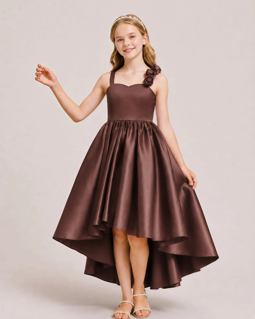 Brown Satin A-line Girls Formal Dress Front View