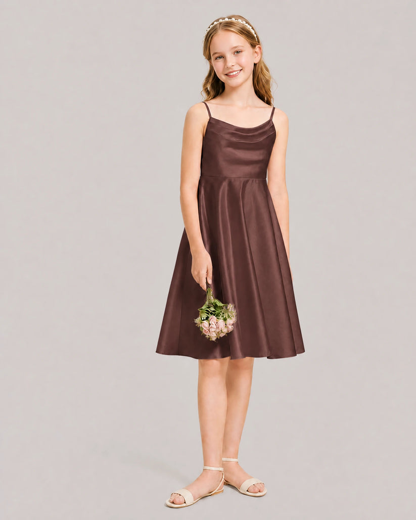 Brown Satin A-line Junior Bridesmaid Dress Front View