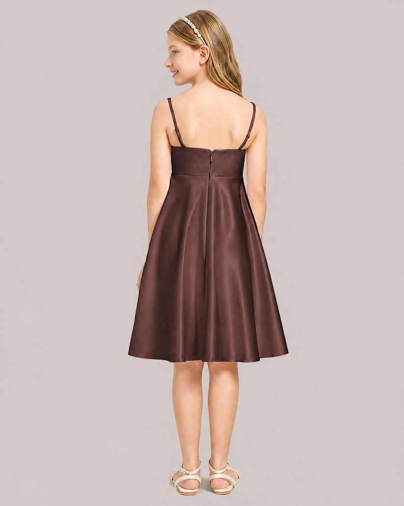 Brown Satin A-line Junior Bridesmaid Dress Back View