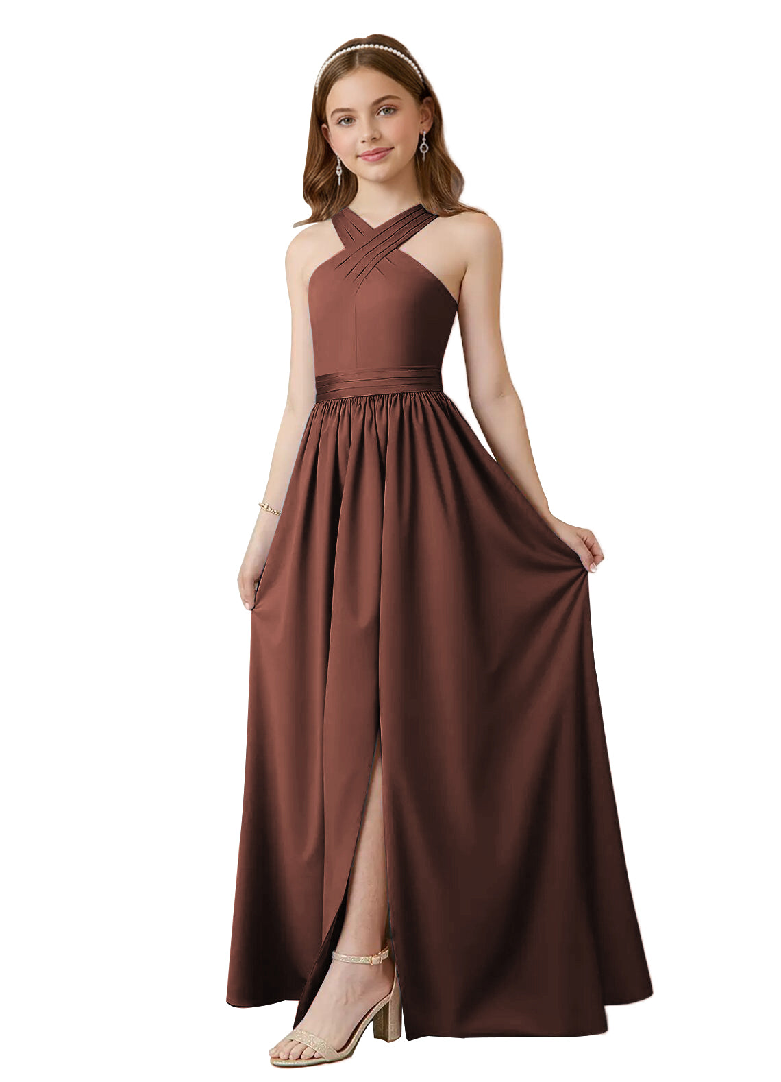 dideyttawl Junior Bridesmaid Dresses for Teen Girls Satin Halter A-Line Flower Girl Dress for Wedding 2531