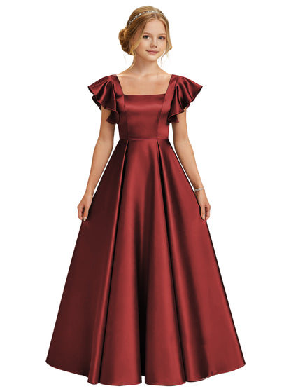 dideyttawl 2026 Girls Satin Prom Ball Gown Princess Dress Maxi Ruffle Sleeve Junior Bridesmaid Flower Girl Dresses 2546