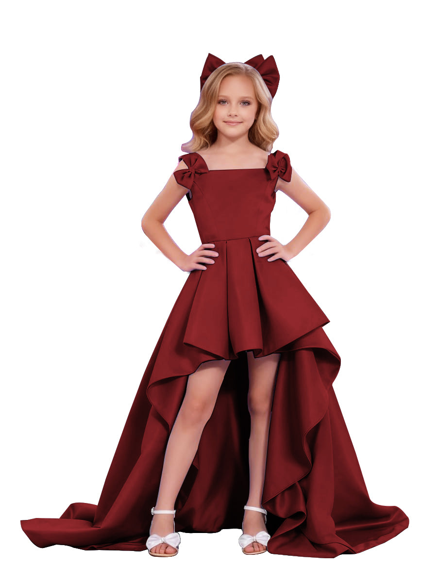 dideyttawl High-Low Junior Bridesmaid Dresses for Girls Pleated Satin A-Line Bow Straps Pageant Formal Party Dress 2536