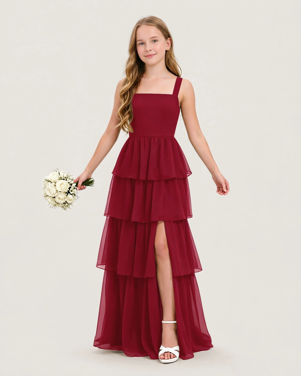 Dideyttawl Junior Bridesmaid Dress with Tiered Ruffle Skirt and Slit Chiffon Gown, Burgundy / 12