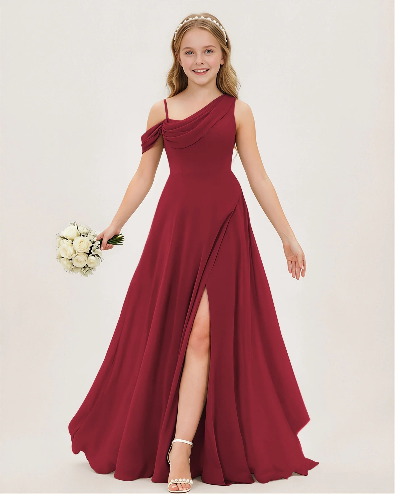 Burgundy Chiffon A-line Junior Bridesmaid Dress Front View
