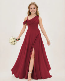 Didiyettawl Sage Green Junior Bridesmaid Dress One Shoulder Chiffon Floor Length Dress