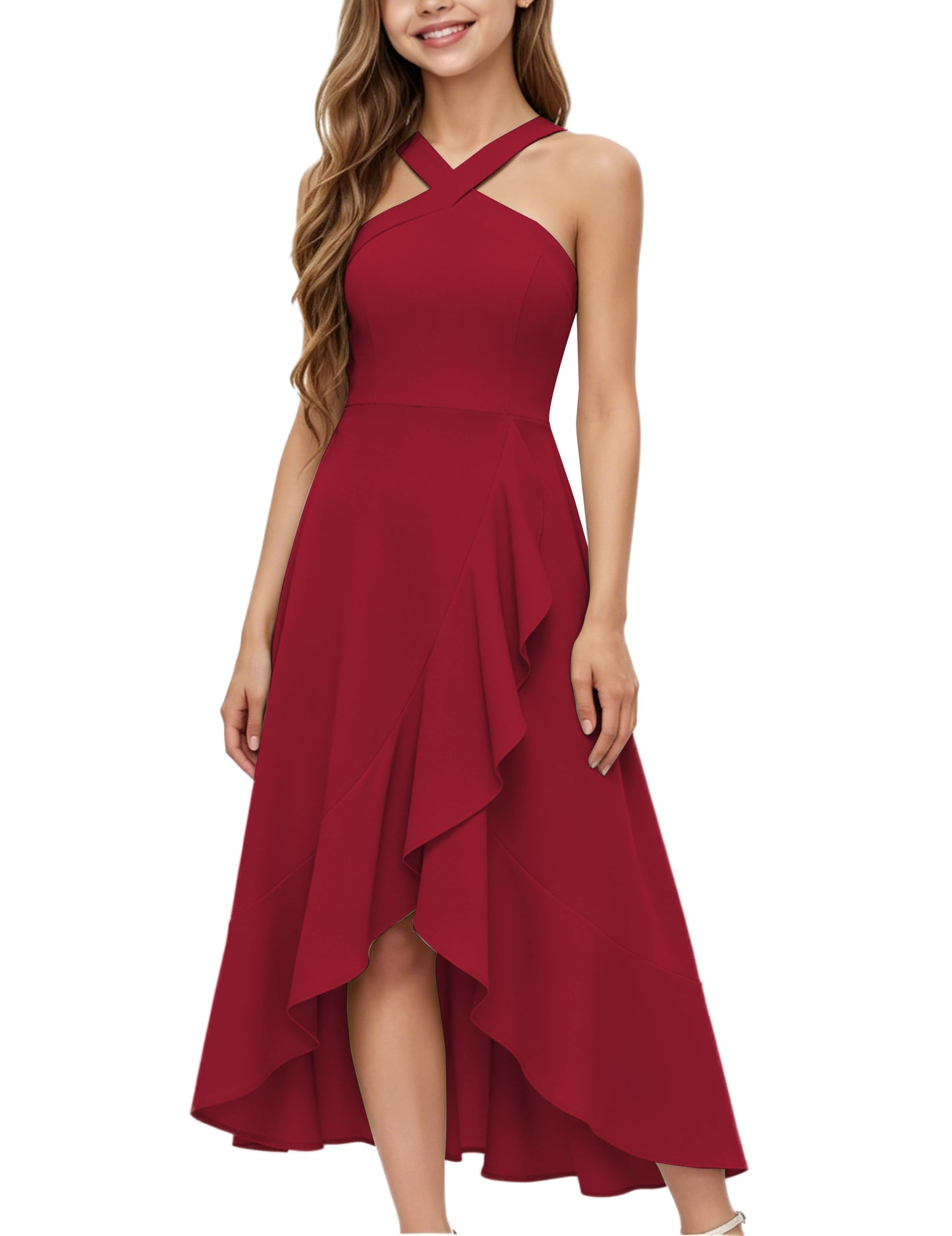 dideyttawl Halter Chiffon Junior Bridesmaid Dresses for Wedding A-Line High Low Flower Girls Formal Party Dress with Slit 2608