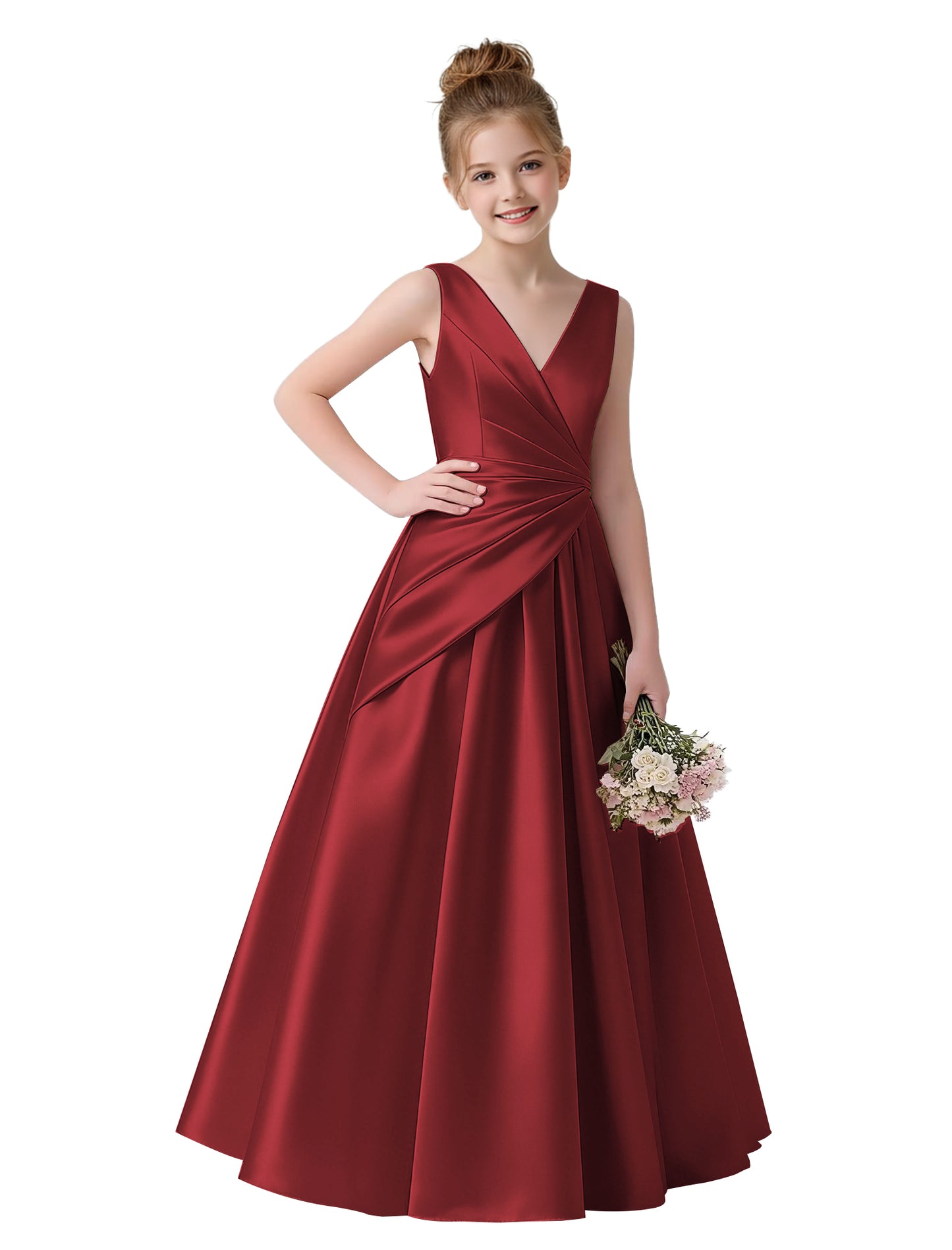 dideyttawl 2026 Pleated Satin Flower Girl Dress Junior Bridesmaid Dress Sleeveless A Line V-Neck Prom Ball Gown 2786