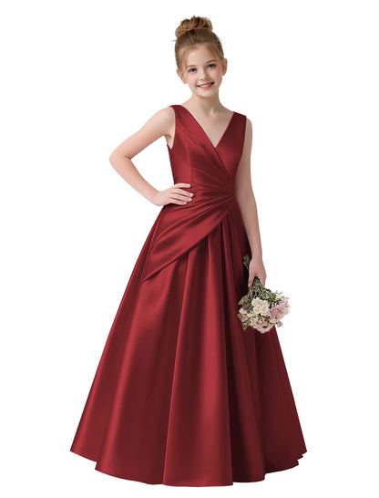 dideyttawl 2026 Pleated Satin Flower Girl Dress Junior Bridesmaid Dress Sleeveless A Line V-Neck Prom Ball Gown 2786