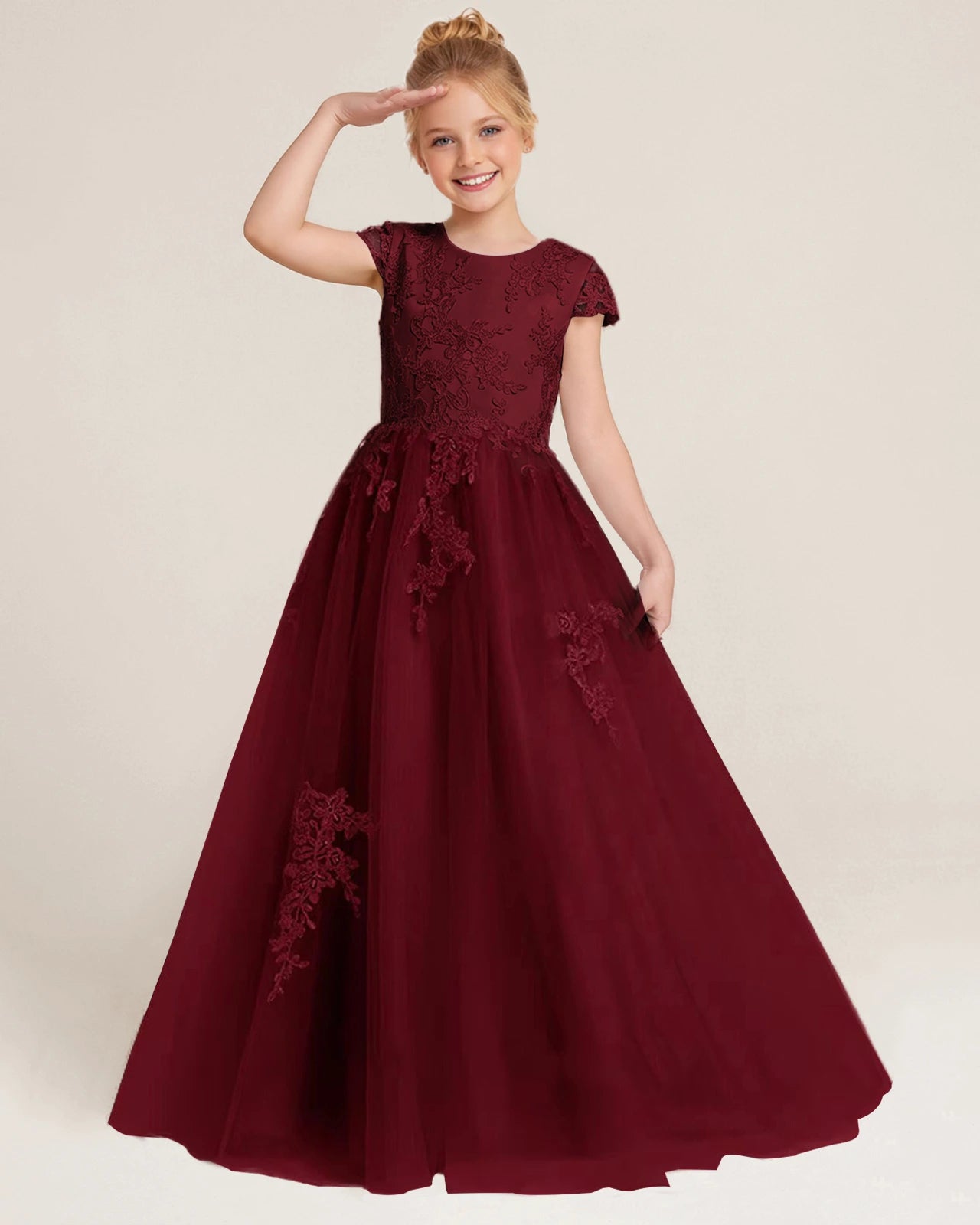 Dideyttawl Flower Girl Dress Lace Applique Cap Sleeves Princess Ball Gown