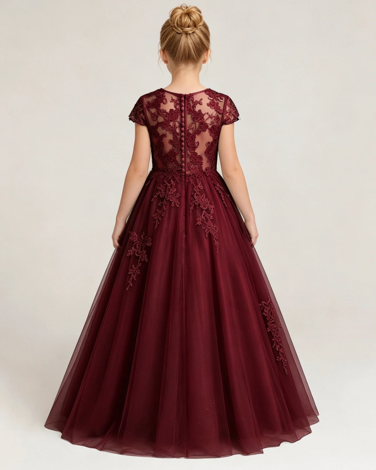 Dideyttawl Flower Girl Dress Lace Applique Cap Sleeves Princess Ball Gown