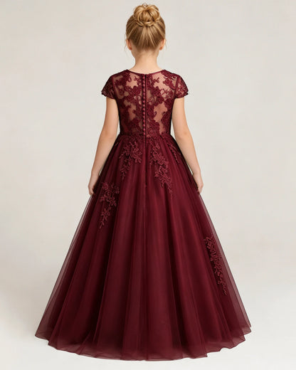 Dideyttawl Flower Girl Dress Lace Applique Cap Sleeves Princess Ball Gown