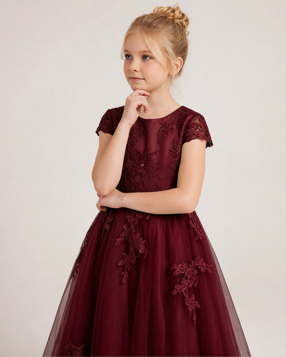 Dideyttawl Flower Girl Dress Lace Applique Cap Sleeves Princess Ball Gown