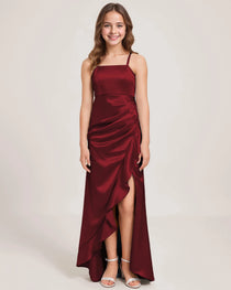 Dideyttawl Girls Formal Dress with Slit Ruffles Satin  Formal Gowns for Girls