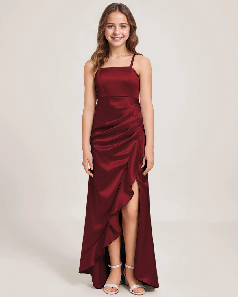 Burgundy Satin A-line Girls Formal Dress Front View