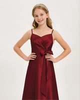 Burgundy Satin A-line Junior Bridesmaid Dress Front View