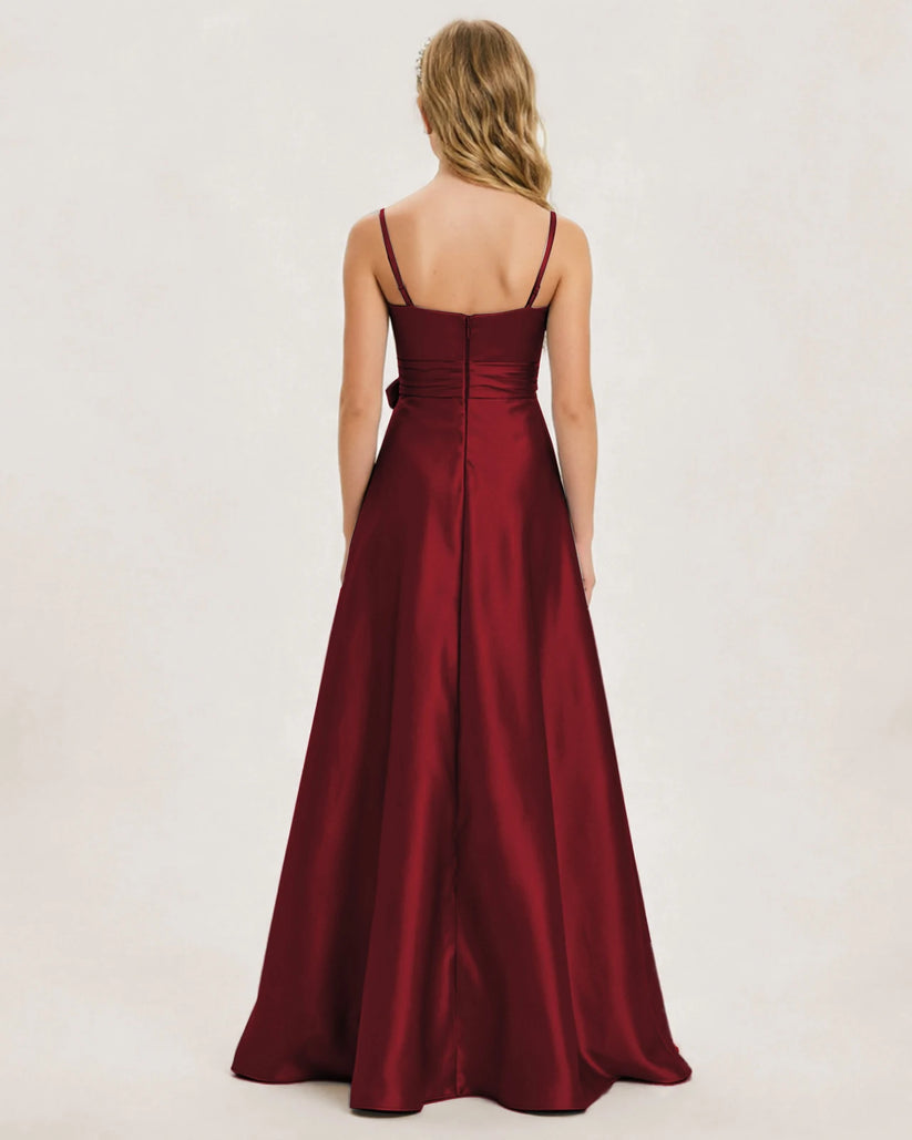 Burgundy Satin A-line Junior Bridesmaid Dress Back View