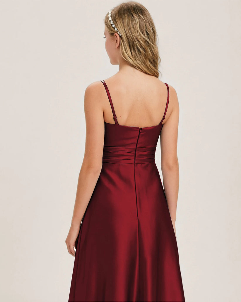 Burgundy Satin A-line Junior Bridesmaid Dress Back View