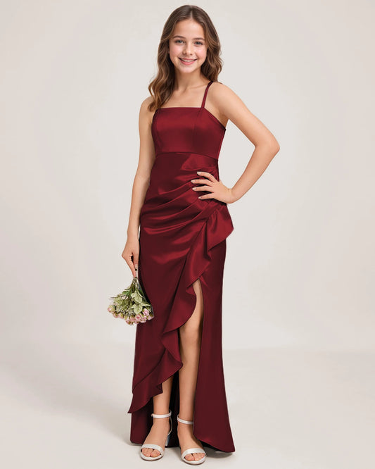 Burgundy Satin A-line Girls Formal Dress Front View
