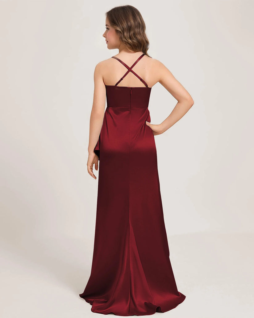Burgundy Satin A-line Girls Formal Dress Back View
